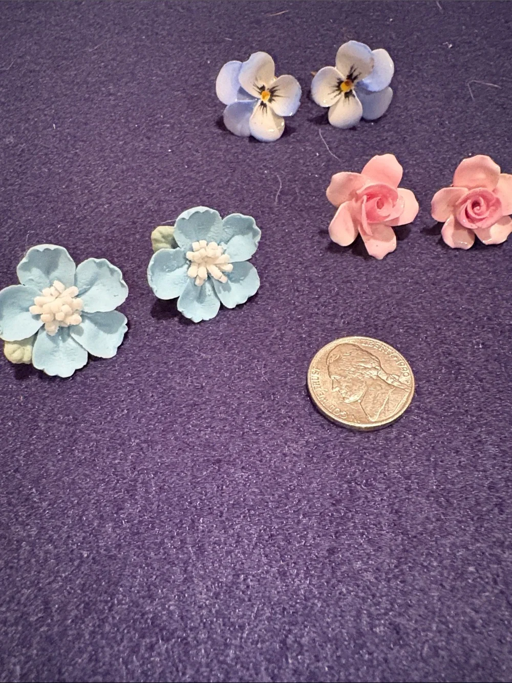 Vintage porcelain Flower clip and stud Earrings - Blue and Pink Floral Set